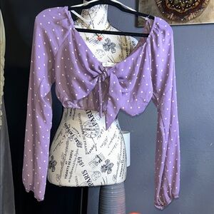emory park Lavender Polka Dot Tie-Front Crop Top